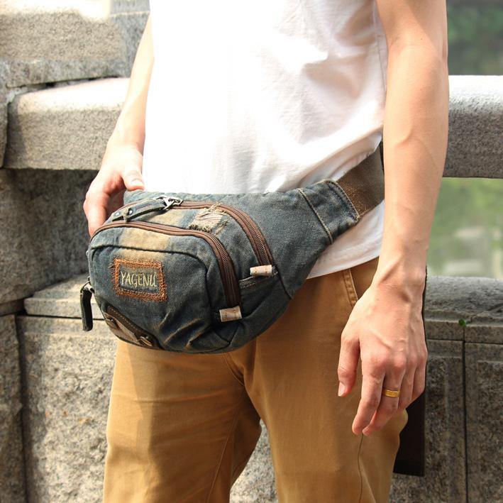 Fashion Denim Denim Blue Mens Fanny Pack Waist Bag Jeans Blue Canvas Hip Bag For Men - iwalletsmen