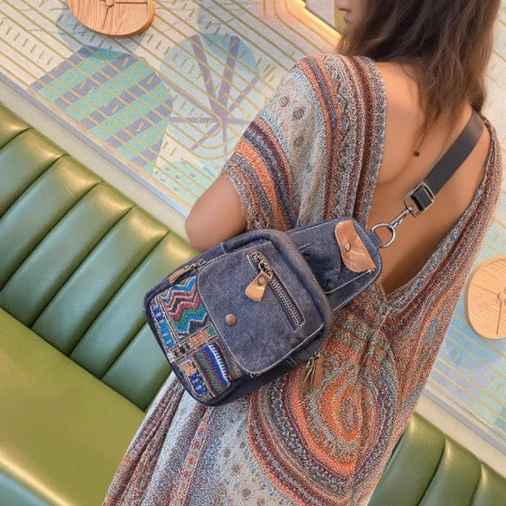 Boho Canvas Sling Bag Crossbody Bag Crossbody Backpack Canvas Boho Embroidery Shoulder Bag - Feltify