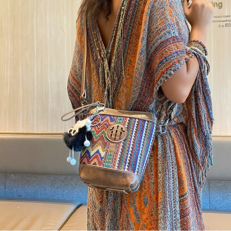 Embroidery Canvas Small Boho Crossbody Bag Boho Canvas Small Bucket Shoulder Bag - Feltify