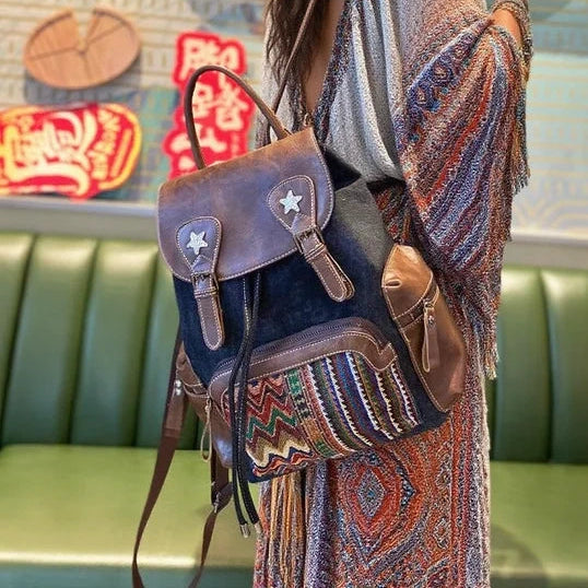 Womens Vintage Boho Style Backpack Black Gray Embroidery Canvas Backpack Boho Backpack