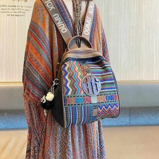 Black Gray Embroidery Canvas Boho Backpack Boho Crossbody Bag for Women - Feltify