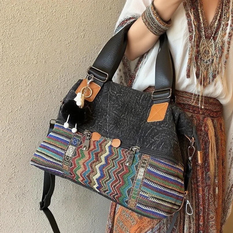 Black Gray Canvas Ladies Handbags Boho Crossbody Bag Boho Handbag Canvas Boho Shoulder Bag - Feltify