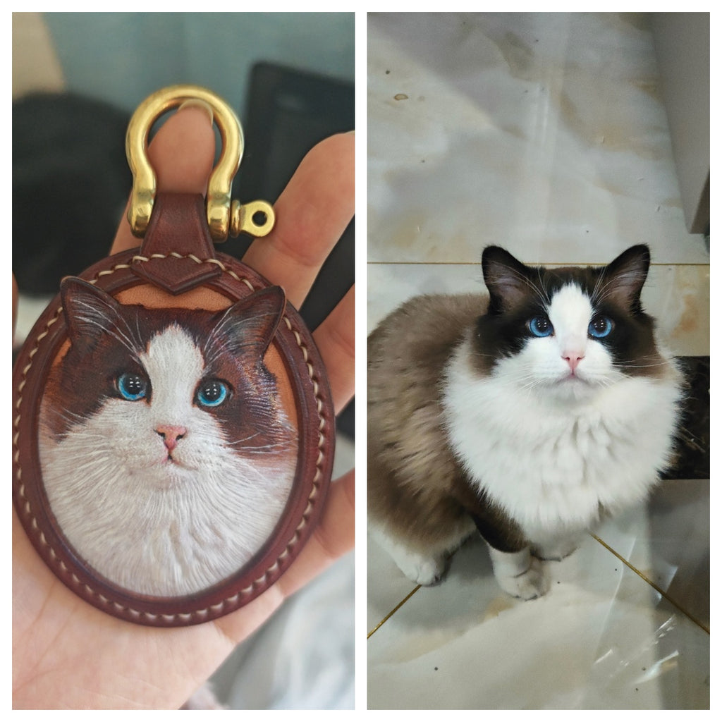 Cat Memorial Keychain Personalized Cat Remembrance Tooled Leather Pet Memorial Jewelry