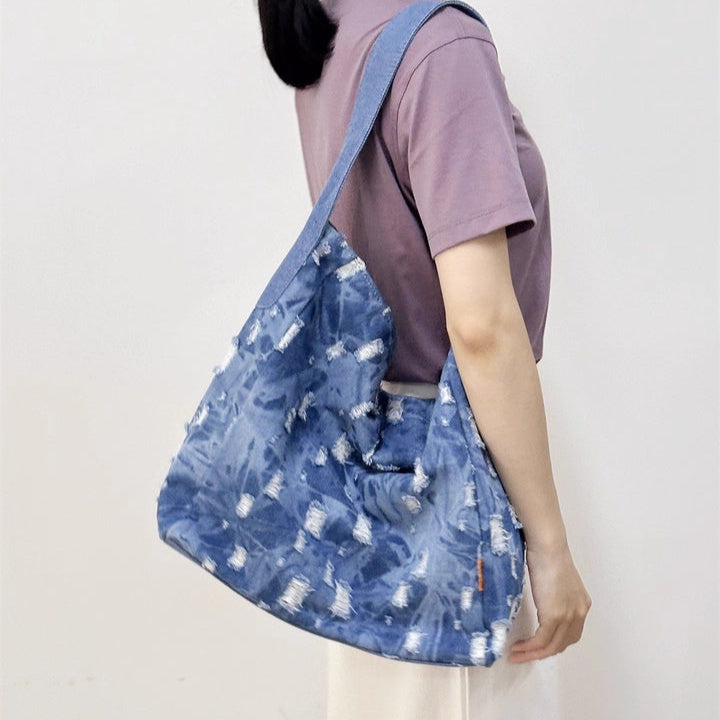 Washed Denim Shoulder Bags Blue Jean Bag Large Denim Tote Bucket Bag Jean Tote Bag - Feltify