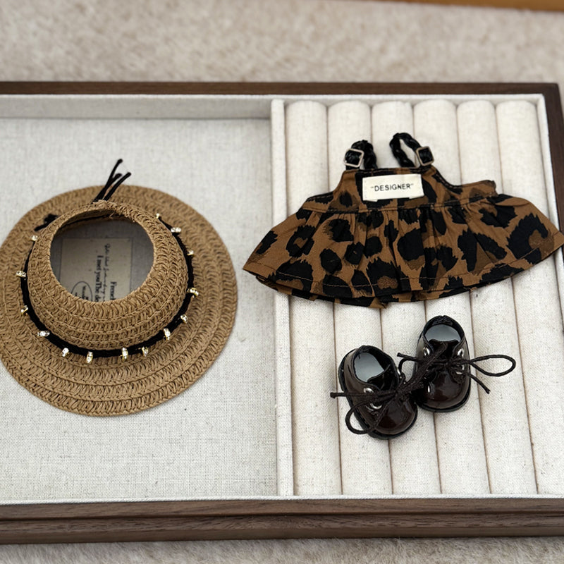 Leopard Print Dress Keychain Labubo Clothes Straw Hat