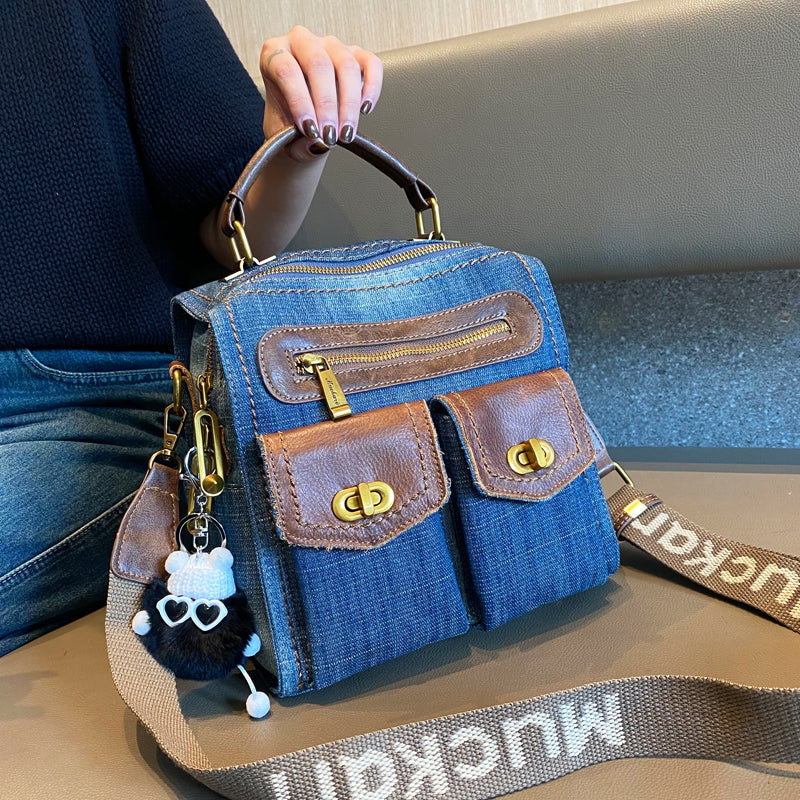 Convertible Denim Mini Backpack Bag Crossbody Bag Blue Convertible Denim Handbag Shoulder Bag - Feltify