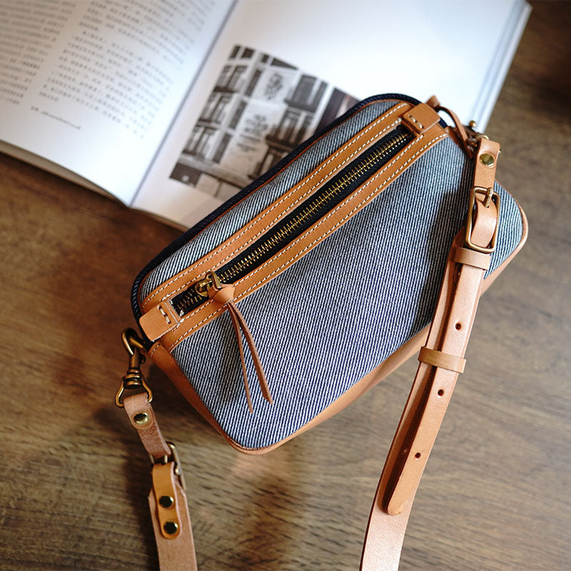 Denim Small Phone Bag Two-tone Denim Leather Crossbody Bag Small Jean Shoulder Bag - Feltify