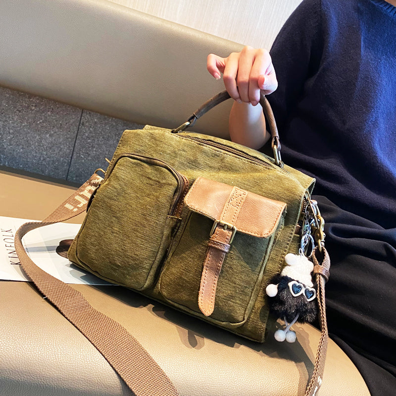 Green Canvas Convertible Messenger Bag Backpack Canvas Convertible Crossbody Bag Canvas Handbag - Feltify
