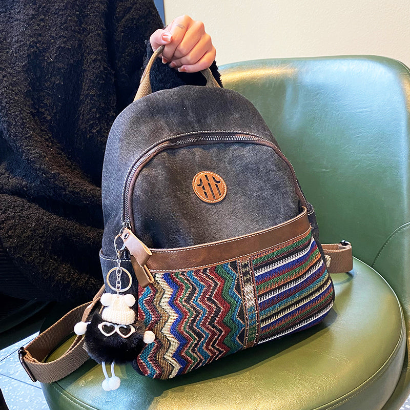 Boho Style Backpack Womens Vintage Black Gray Embroidery Canvas Backpack Boho Backpack - Feltify