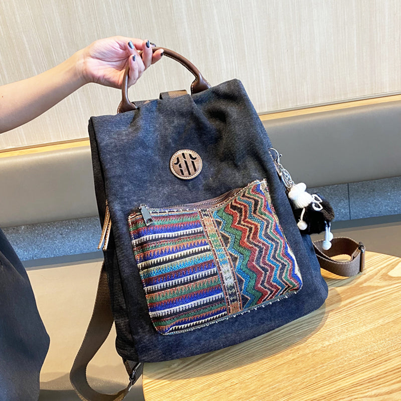 Boho Style Backpack Womens Canvas Backpack Black Gray Embroidery Vintage Boho Backpack - Feltify