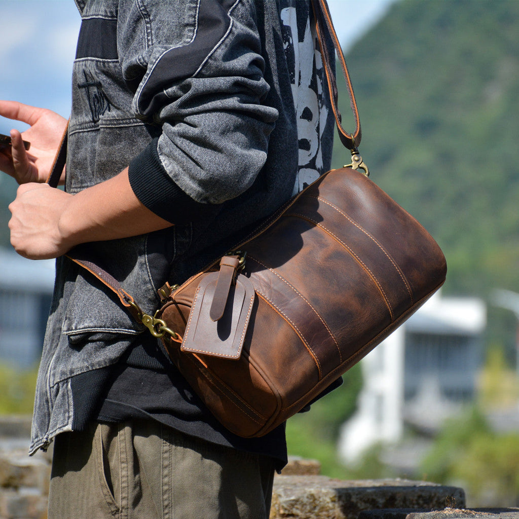 Brown Mens Barrel Leather Bag Small Barrel Shoulder Bag - iwalletsmen