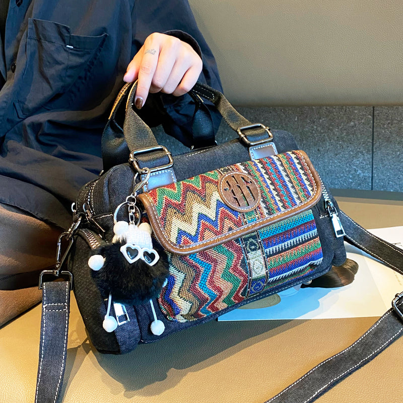Black Gray Boho Handbag Canvas Embroidery Shoulder Bag Black Gray Canvas Crossbody Bag - Feltify