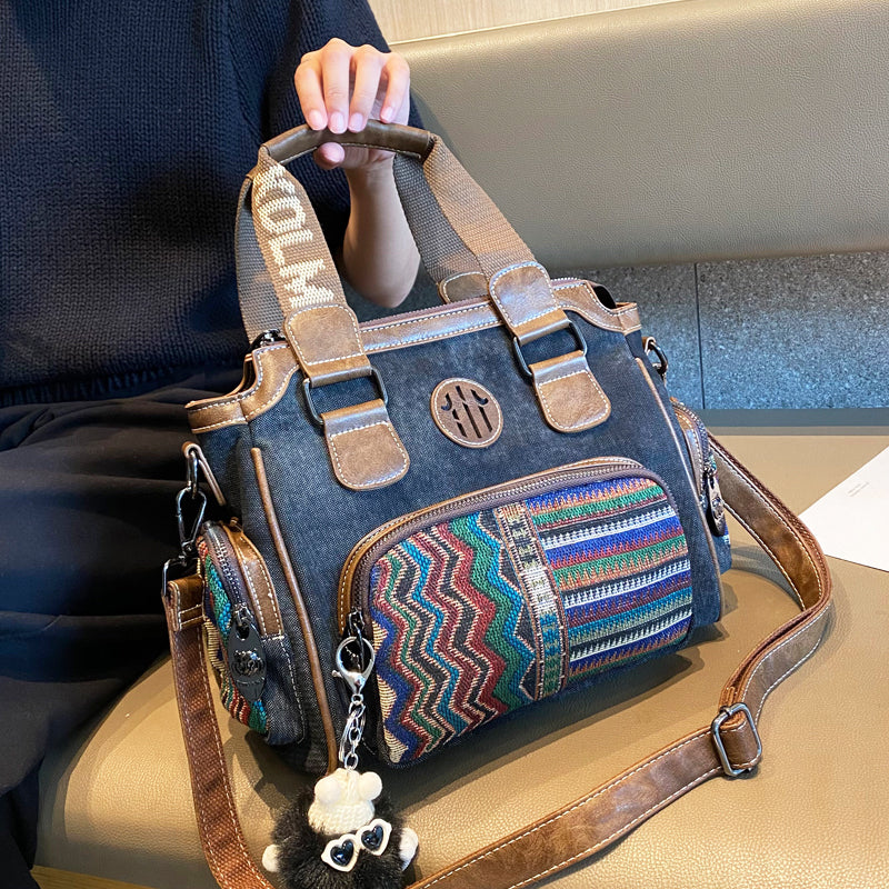 Black Gray Canvas Shoulder Boston Bag Embroidery Canvas Handbag Black Gray Canvas Boston Handbag - Feltify