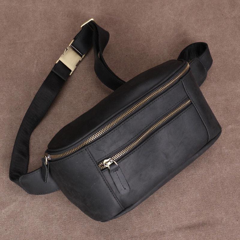 Black Vintage Large Leather Waist Bag Mens - iwalletsmen