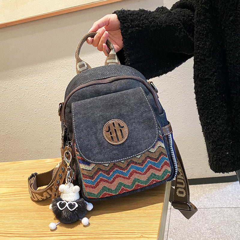 Black Gray Embroidery Canvas Backpack Boho Style Backpack Vintage Convertible Boho Crossbody Bag - Feltify