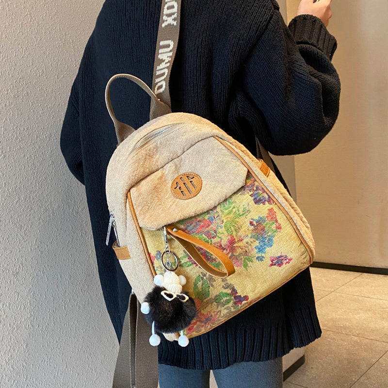 designer mini vintage backpacks Vintage Linen Backpack for Women Linen Backpack with Flowers