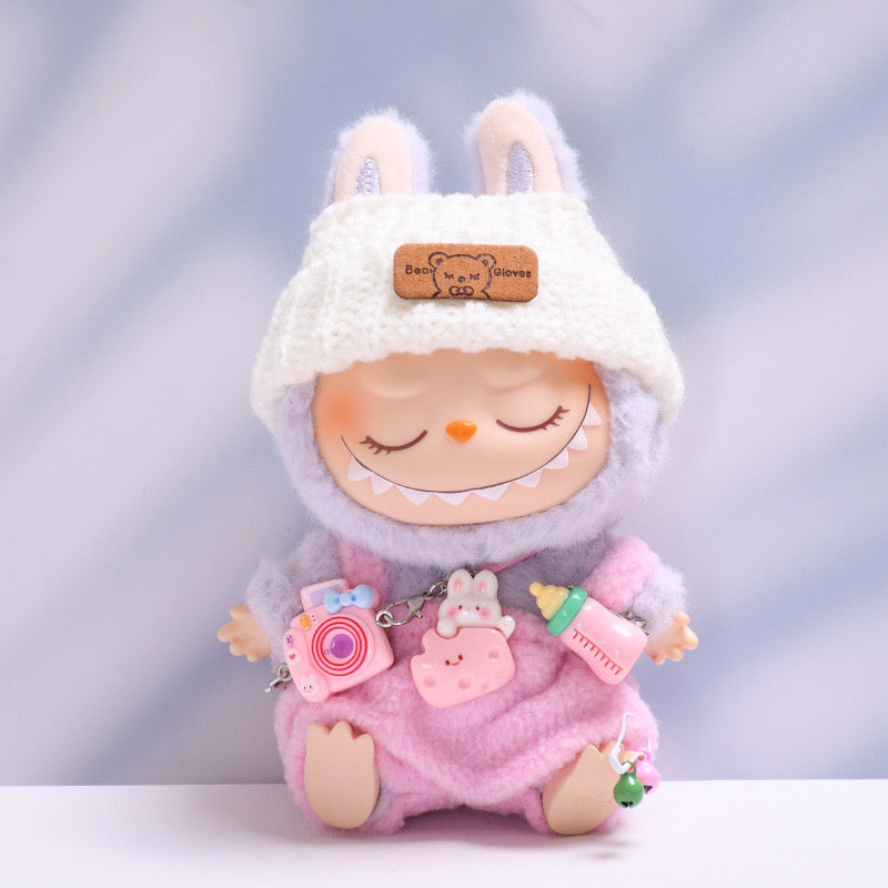 Pink Overalls with Camera Macaron Clothes for Labubu Have a Seat Labubu Doll Clothes Keychain Labubu Clothes 17cm Labubu Clothing