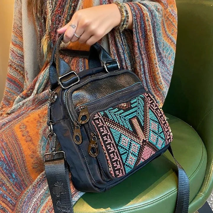 Canvas Convertible Backpack Purse with Aztec Embroidery Aztec Print Canvas Convertible Backpack, Vegan Leather  main image 4