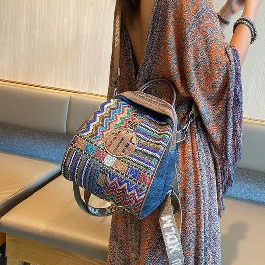 Black Gray Embroidery Canvas Boho Backpack Boho Crossbody Bag for Women - Feltify