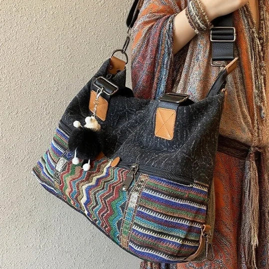 Black Gray Canvas Ladies Handbags Boho Crossbody Bag Boho Handbag Canvas Boho Shoulder Bag - Feltify