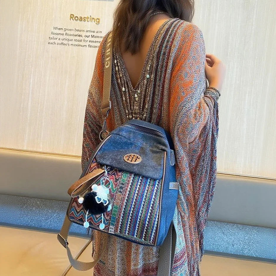 Black Gray Embroidery Canvas Backpack Boho Style Backpack Vintage Convertible Boho Crossbody Bag - Feltify