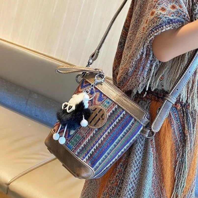 Embroidery Canvas Small Boho Crossbody Bag Boho Canvas Small Bucket Shoulder Bag - Feltify
