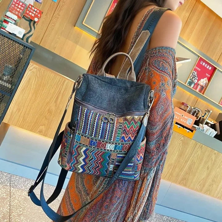 Vintage Convertible Large Boho Style Backpack Black Gray Embroidery Canvas Backpack Boho Crossbody Bag - Feltify