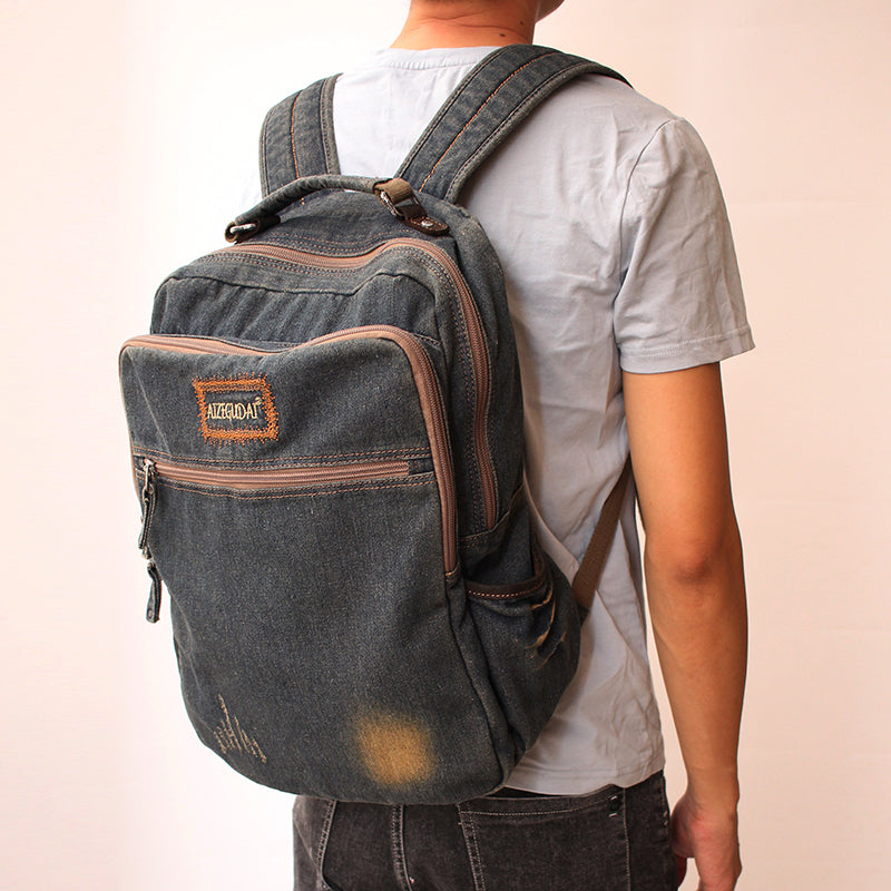 Vintage Denim Blue Mens Backpack Bag School Backpack Blue Denim Laptop Backpack For Men