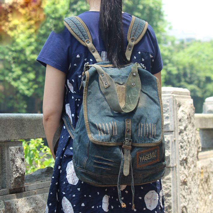 Vintage Blue Denim Womens Backpacks Bag School Backpack With Stickers Vintage Denim Backpack For Women