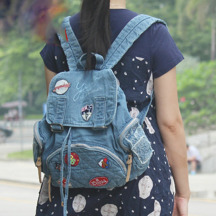 Vintage Blue Denim Womens Backpack Bag School Backpack With Stickers V ...