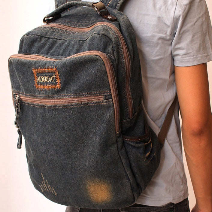 Vintage Denim Blue Mens Backpacks Bag School Backpacks Blue Denim Laptop Backpack For Men