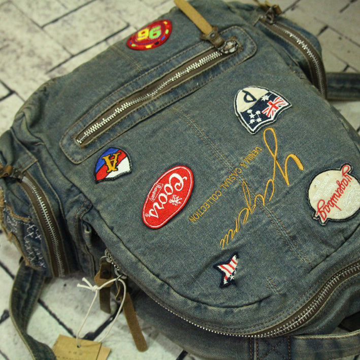 Vintage Blue Denim Womens Backpack Bag School Backpack With Stickers V ...