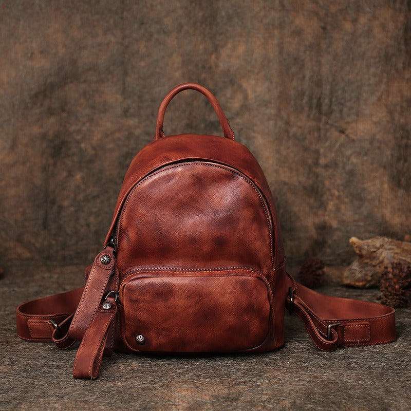 Classic Brown Leather Rucksack Bag Womens Compact Leather Backpack Ladies Backpack Purses