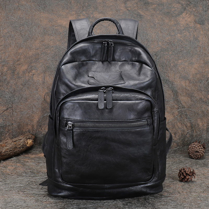 Best Black Gray Leather Rucksack Bag Womens Vintage 16 inches Laptop Backpack Leather School Backpack Purse