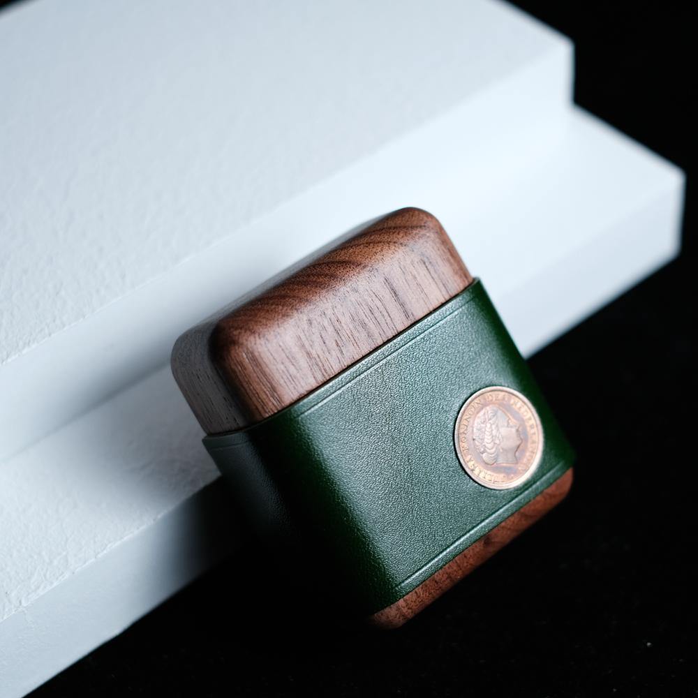 Handmade Green Leather Wood AirPods 1,2 Case Custom Leather AirPods 1,2 Case Airpod Case Cover - iwalletsmen