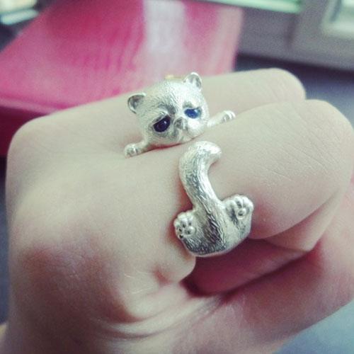 Handmade Silver Ring Kitty Cat Unique Cute Adjustable Wrap Ring Christmas Gift Jewelry Accessories Women