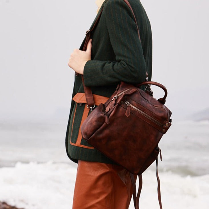 Vintage Coffee Leather Rucksack Bag Womens School Backpack Ladies Leather Backpack Purses
