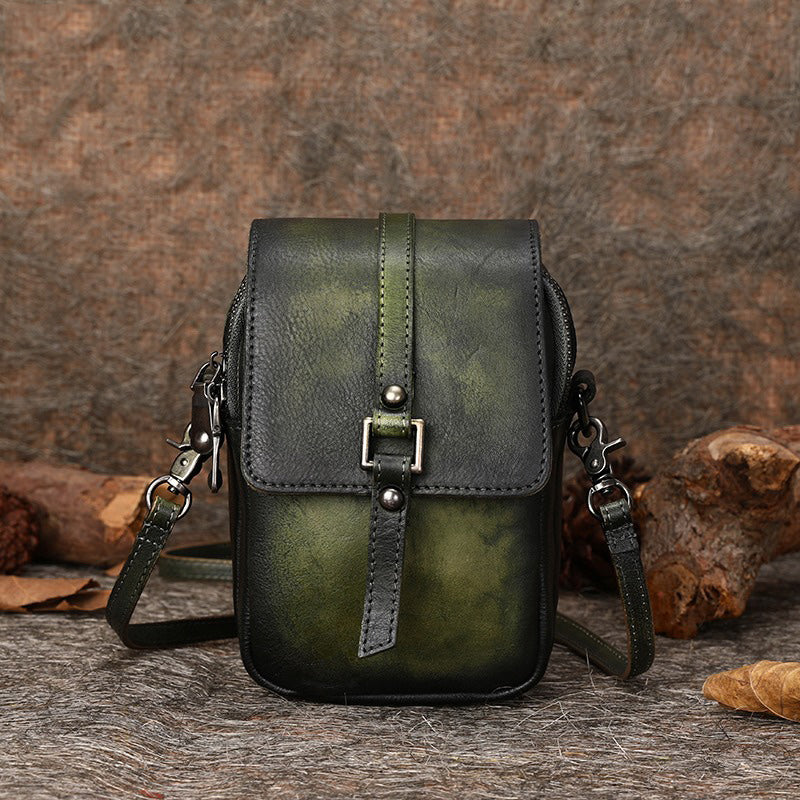 Green Leather Womens VIntage Phone Shoulder Bag Small Side Bag Handmade Crossbody Purse for Ladies