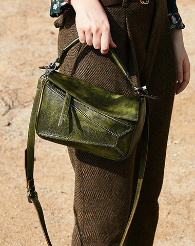 Vintage Green Leather Womens Cube Shoulder Bag Handmade Geometry