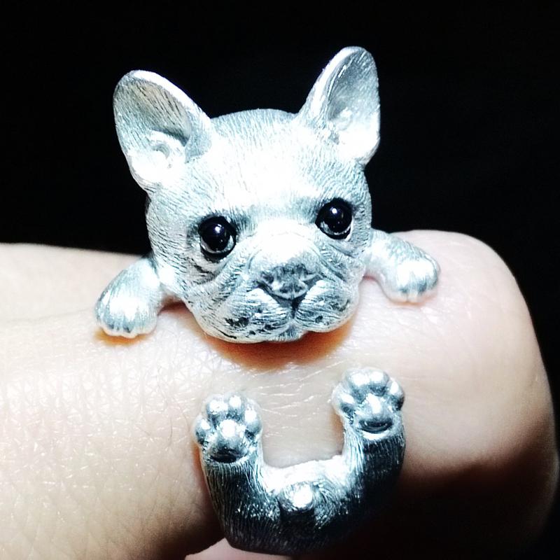 Handmade Silver Ring Bulldog Puppy Pet Unique Cute Adjustable Wrap Ring Christmas Gift Jewelry Accessories Women