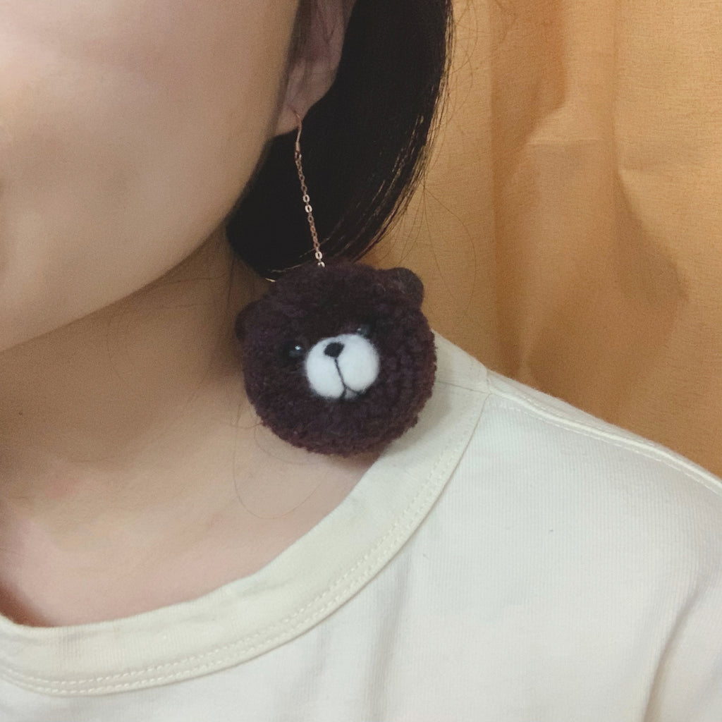 Handmade Bear Pom Pom Earrings Cute Pompom Dangle Earrings Boho Chic Pom Earrings