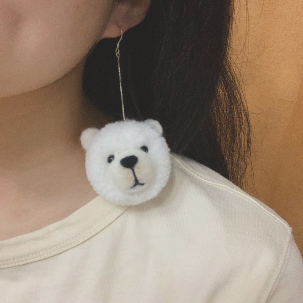 Handmade Polar Bear Pom Pom Earrings Cute Pompom Dangle Earrings Boho Chic Pom Earrings