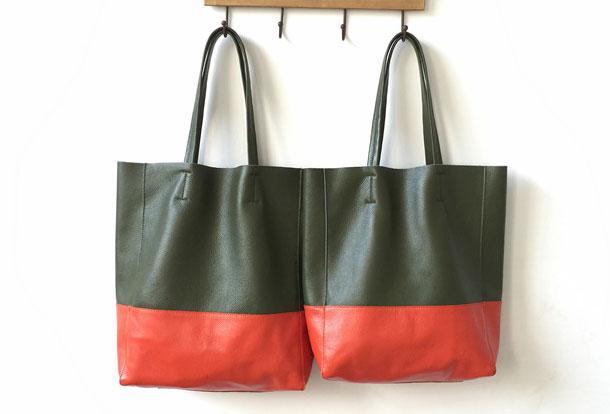 【PORTERNA】Toning leather tote bag Brown Asymmetrical Apple Peel Leather and Denim Tote Bag