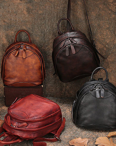 cheap leather backpack women Classic Brown Small Rucksack Bag Womens Compact Leather Ladies Backpack Purse Size:7'0
