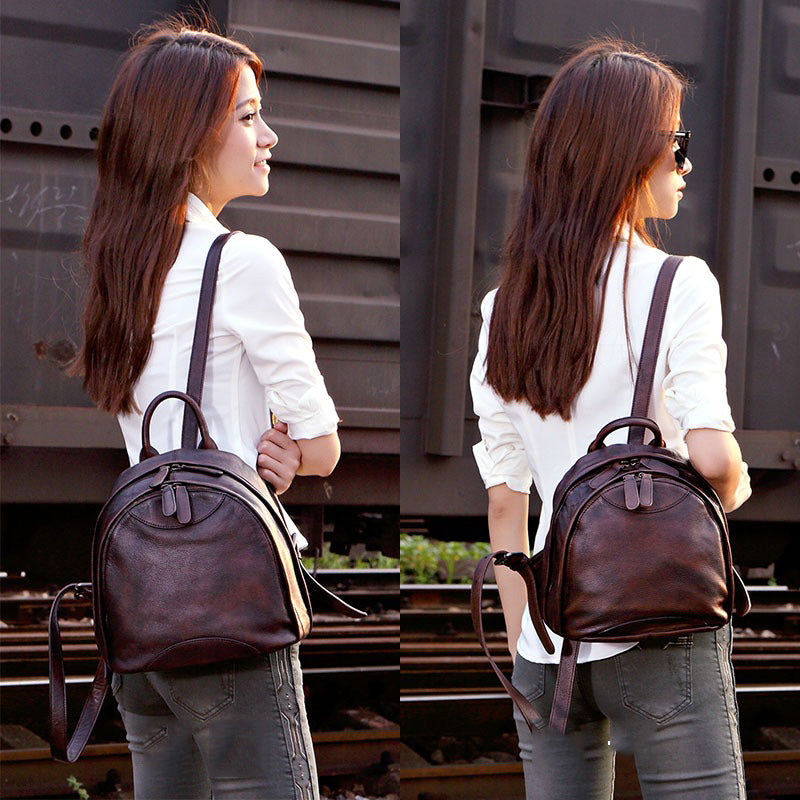 compact leather backpack Classic Coffee Leather Small Rucksack Bag Womens Compact Leather Backpack Ladies Backpack Purse