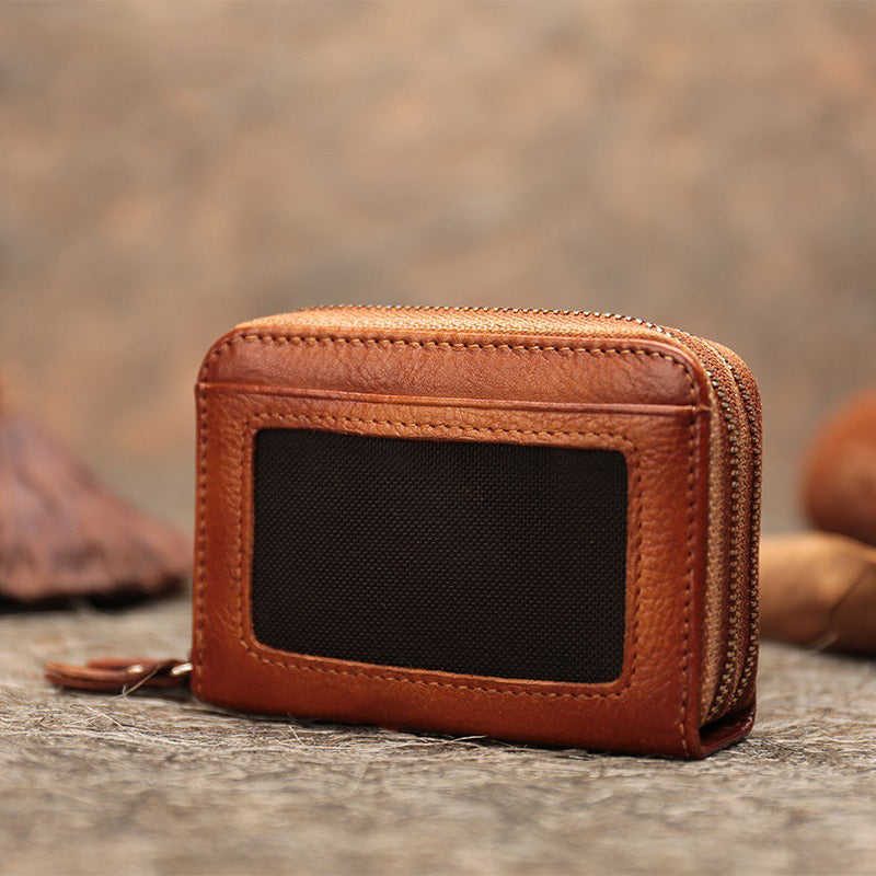 Leather Zipper Card Wallets Brown Cute Small Women Double Zip Card Wallet For Ladies