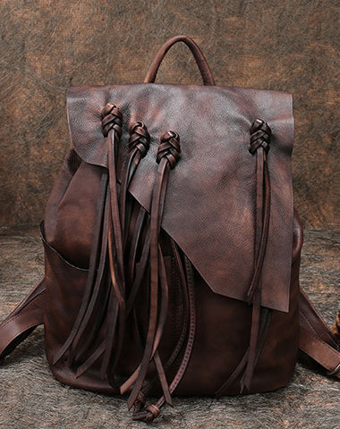 Vintage Coffee Leather Rucksack WIth Tassels Womens Western Leather Backpack Ladies Backpack Purses