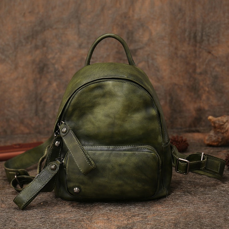 Classic Green Leather Rucksack Bag Womens Compact Leather Backpack Ladies Backpack Purses