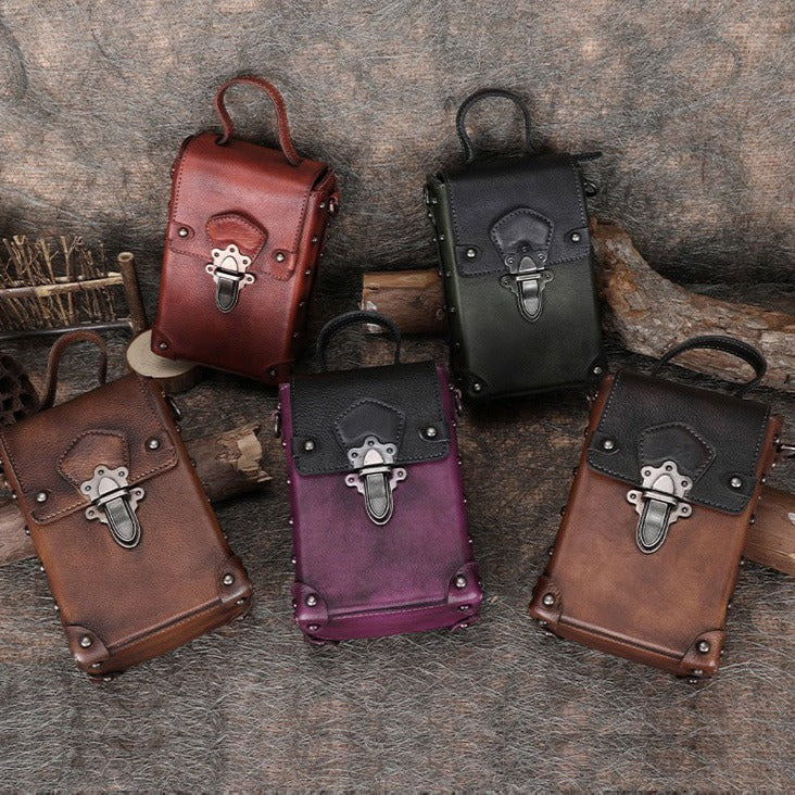 Leather Womens Small Box Shoulder Bag Cube Small Handmade Handbag Purse for Ladies