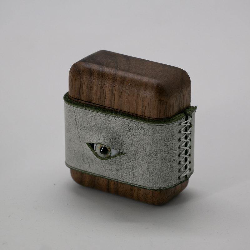 Handmade Green Leather Coffee Wood AirPods 1,2 Case with Eye Custom Leather AirPods 1,2 Case Airpod Case Cover - iwalletsmen